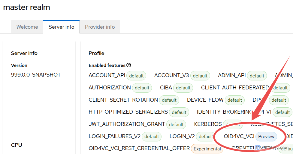Enabled Features list showing OID4VC_VCI